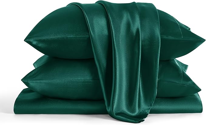 Bedsure Satin Sheets Full Size - 4 Piece Silky Bedsheets with 15 Inches Deep Pocket Fitted Bedsheet,1 Flat Sheet, 2 Satin Pillowcases, Good for Hair & Skin (Full, Dark Green)