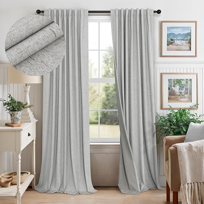 Extra Long White Gray Blackout Curtains 108 Inch Long for Living Room 2 Panel Lightweight Linen Textured Total Black Out Darkening Light Grey Drape for Sliding Glass Doors Back Tab Pocket 9ft Length