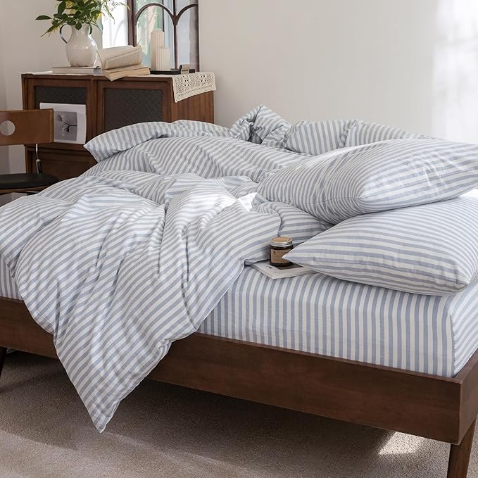 FOSSA Striped Duvet Cover Set 100% Washed Cotton Linen Feel Super Soft Breathable Cozy 3 Pieces Bedding Sets Cornflower Blue White Classic Stripes King