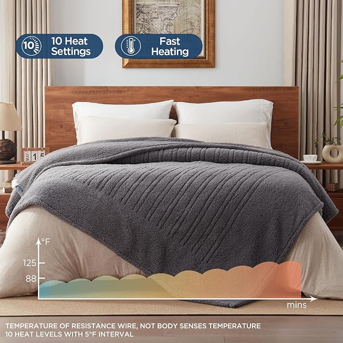 Westinghouse Electric Blanket Queen Size, Soft Plush Sherpa Heated Blanket with 10 Heating Levels & 1-12 Hours Auto-Off, Machine Washable, 84x90 inches, Darkgrey