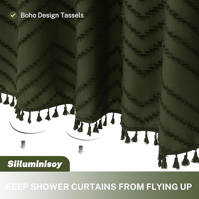 Boho Shower Curtain with Tassel Woven Fabric Olive Green Shower Curtain 72 x 72 Modern Farmhouse Textured Tufted Chevron Striped Minimalist Bathroom Shower Curtains