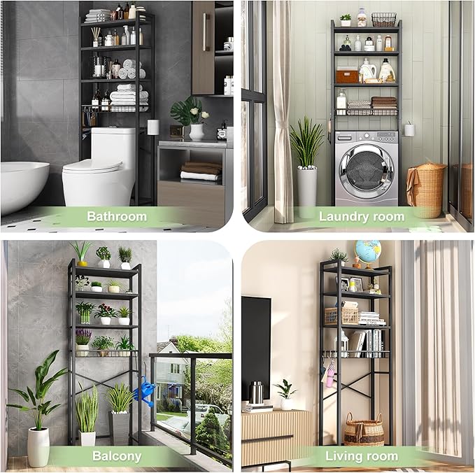 Over-The-Toilet Storage Rack, 4-Tier Bathroom Organizer Shelf Over Toilet with Adjustable Shelf and Basket, Freestanding Space Saver Bathroom Shelves Above Toilet for Room (Pure Black)