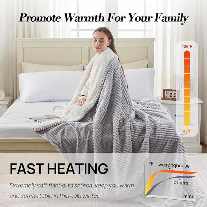 Westinghouse Queen Size Electric Blanket, Flannel to Sherpa Reversible, Heated Blanket Queen with Dual Control 10 Heating Settings & 1-12 Hours Auto Shut Off, Machine Washable, (84" x 90", Light Grey)