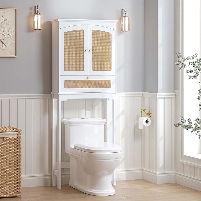 Spirich Over The Toilet Storage Cabinet with Rattan Doors, Over Toilet Bathroom Organizer with Tilt-Out Cube and Adjustable Shelf