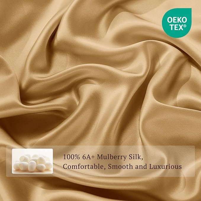 THXSILK 100% Pure Mulberry Silk Duvet Cover Set 3 Piece, 6A+ Grade Luxury Soft Bedding Silk Sheets for Hair and Skin, 1 Pcs Quilt/Comforter Cover with 2 Zippered Pillowcases (Metallic Gold, Queen)