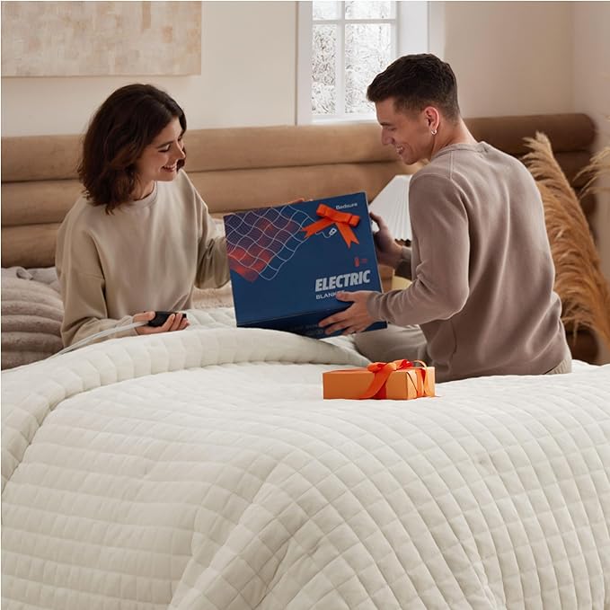 Bedsure Electric Blanket Queen Size - Quilted Winter Bedding of Thick Flannel, Dual Control Heated Blanket with 10 Heat & 10 Time Settings, Fast Heating for Cold Sleepers (84x90 inches, Ivory)