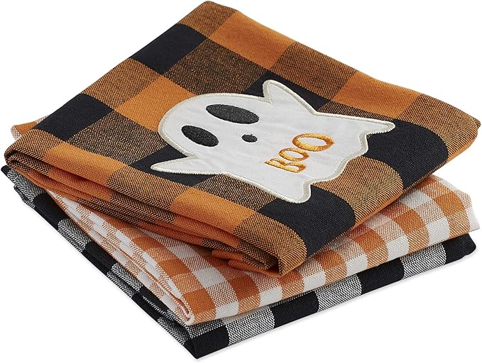 DII Happy Halloween Dishtowel Collection Embellished Cotton Kitchen Hand Towel Set, 18x28, Spooky Farmhouse Buffalo Check, 3 Count