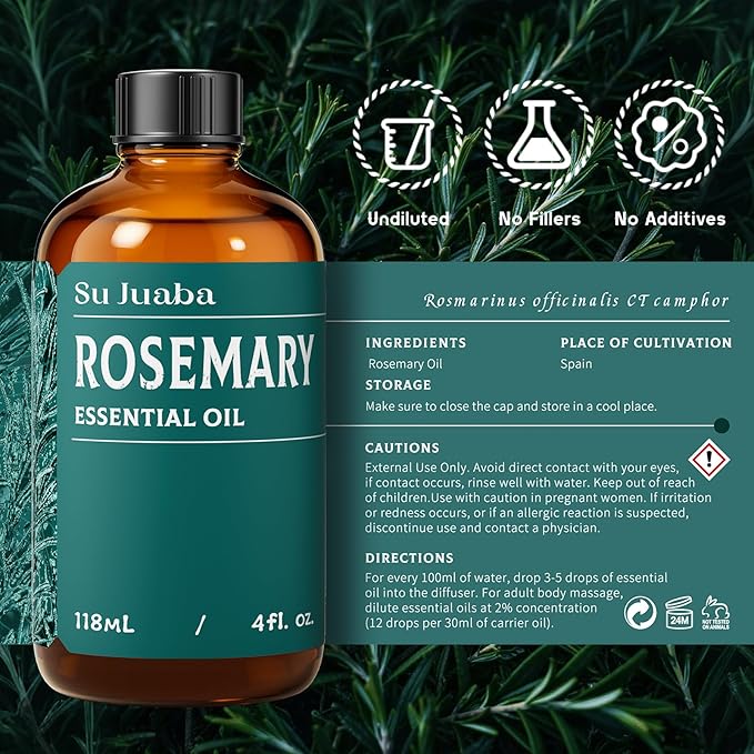 SU JUABA 4 Fl Oz Rosemary Essential Oil, 100% Pure Natural Aromatherapy Oil for Hair Growth, Skin, Nourish Scalp - 118ML