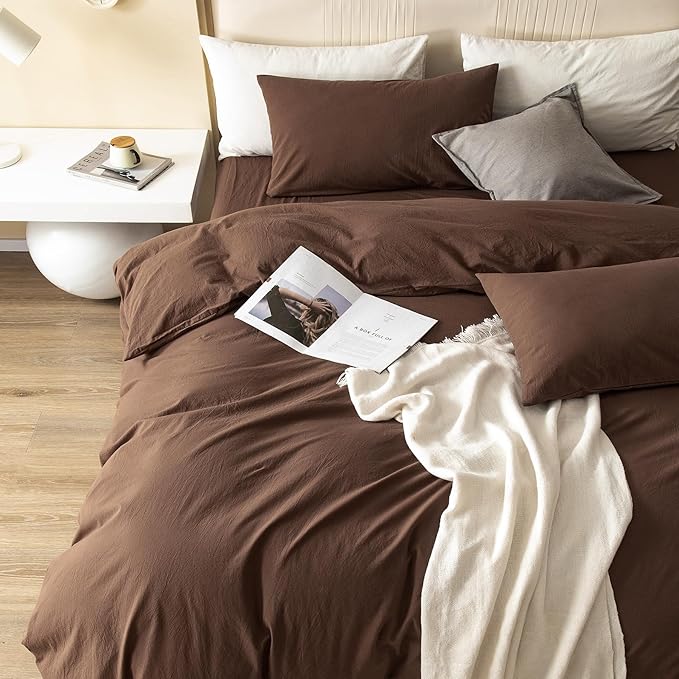 JIYUAN 100% Washed Cotton Duvet Cover Set 3 Pieces Alaska King, 1 Duvet Cover 132x120 Inches(Comforter Not Included) and 2 Pillowcases,Linen Feel Bedding Set Comfy and Breathable,Chocolate Brown