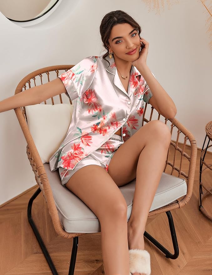 Ekouaer Pajamas for Women Set Silk Satin Pjs Shorts Sleepwear 2 Piece Loungewear S-XXL