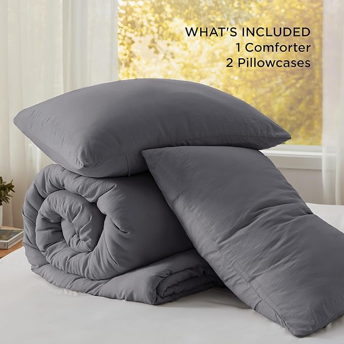 Bedsure King Size Comforter Set, Dark Grey Soft Prewashed Bedding for All Seasons, 3 Pieces GentleSoft™ Warm Down Alternative Bed Set, 1 Lightweight Comforter (104"x90") and 2 Pillowcases (20"x36")