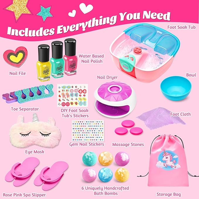 Kids Spa Day Kit with Foot Spa, Nail Dryer & Bath Bombs - Music Foot Soak Tub & Nail Polish Set for Girls Aged 6-12 - Perfect for Christmas or Birthday Gifts