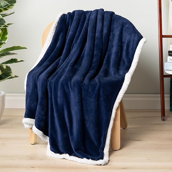 PAVILIA Sherpa Fleece Throw Blanket for Couch, Twin Size, Navy Blue, Plush Soft Fuzzy Sofa Blanket, Cozy Reversible Winter Throw for Women Men, 60x80 Inches
