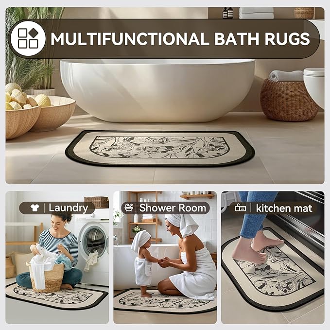 Half Circle Bath Mat,Thin Bathroom Rugs Fit Under Door Quick Dry Non Slip Washable Bathroom Mat with Rubber Backing,Absorbent Woven Half Round Shower Rug