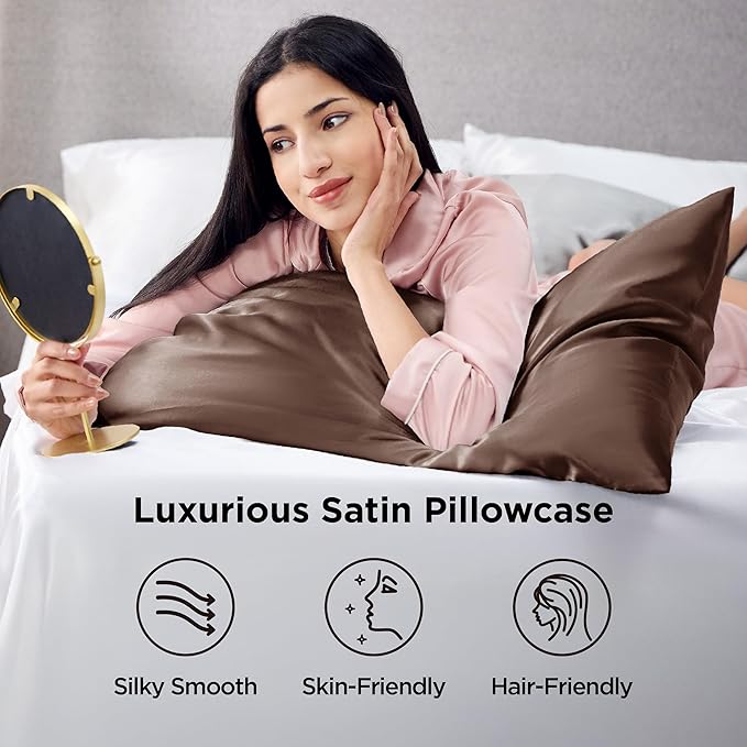 Bedsure King Size Satin Pillowcase Set of 2 - Brown Silky Pillow Cases for Hair and Skin with Envelope Closure, Similar to Silk Pillow Cases, Gifts for Women Men, 20x36 Inches, 2pcs