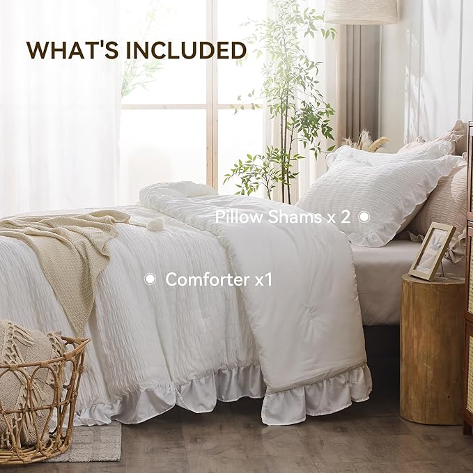 JOLLYVOGUE White King Comforter Set, 3 Pieces Seersucker Comforters King Size, Lightweight & Fluffy Bedding Sets King for All Season with 1 Ruffle Comforter and 2 Ruffle Pillowshams
