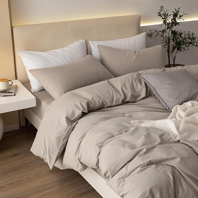 JIYUAN 100% Washed Cotton Duvet Cover Set 3 Pieces Full, 1 Duvet Cover 80x90 Inches (Comforter Not Included) and 2 Pillowcases,Linen Feel Bedding Set Comfy and Breathable, Heathered Tannish Linen Grey
