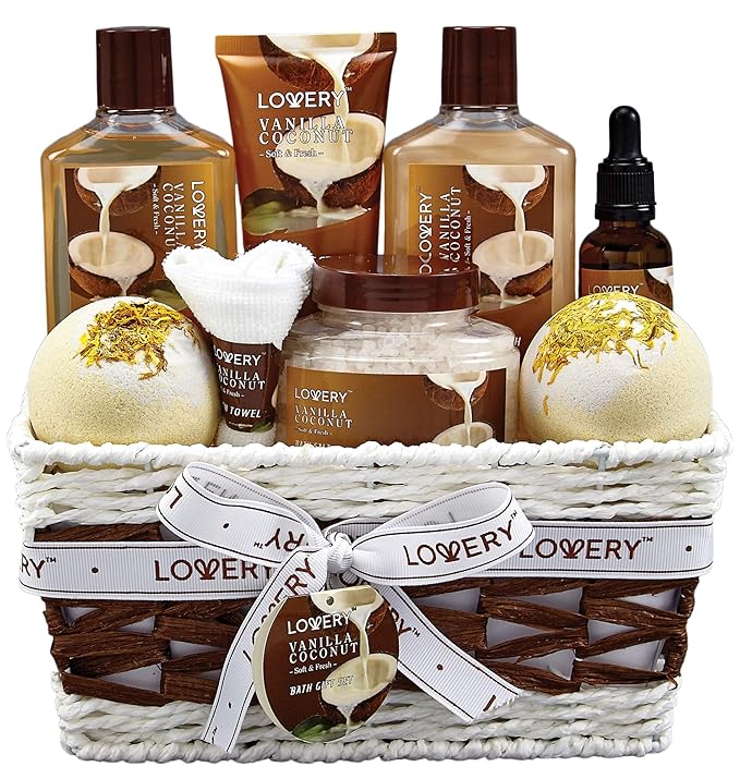 Gifts For Women Gift Basket for Women– 9 Piece Christmas Gifts Set of Vanilla Coconut Home Spa Set, Luxurious Holiday Bath and Body Sets Includes Fragrant Lotions, Extra Large Bath Bombs, Coconut Oil