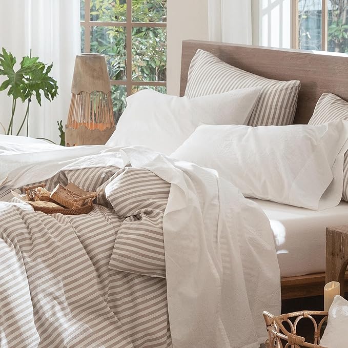MooMee Bedding Sheet Set 100% Washed Cotton Linen Like Textured Breathable Durable Soft Comfy (Solid Off White, Full)