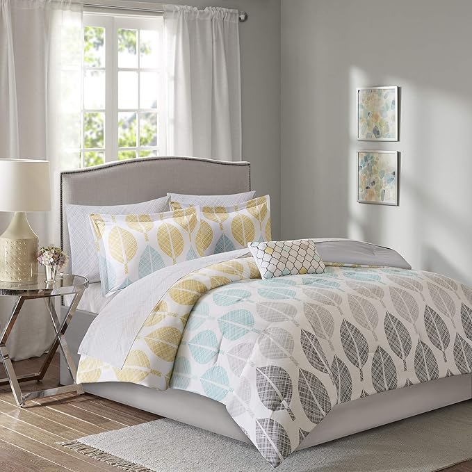 Madison Park Cozy Bed in a Bag Comforter, Vibrant Color Design All Season Down Alternative Cover with Complete Sheet Set, Queen (90 in x 90 in), Leaf Yellow/Aqua