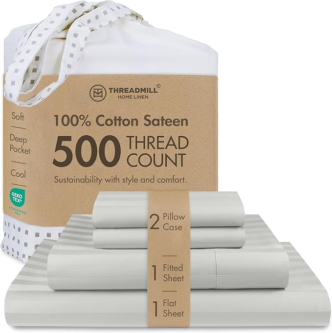 Threadmill 500 Thread Count Queen Size Damask Stripe, 4 Pc Luxury Cotton Bedding Set, Breathable Light Grey Sheets with 16" Elasticized Deep Pocket, 2 Pillowcases & Free Tote Bag