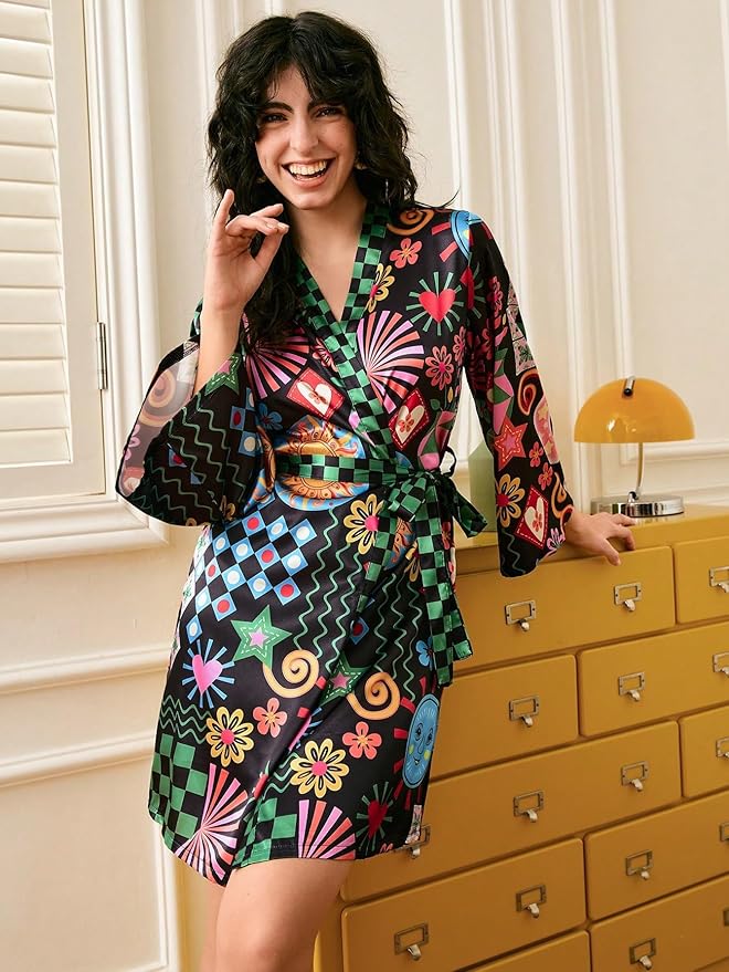 WDIRARA Women's Checkered Graphic Satin Kimono Robe Long Bell Sleeve V Neck Belted Bathrobe Sleepwear