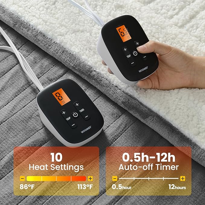 WOOMER Heated Blanket Queen Size,Durable Flannel and Soft Sherpa,Dual Control,84” × 90” Electric Blanket, 10 Heat Levels&0.5-12h auto-Off, Overheat Protection,Energy Efficient