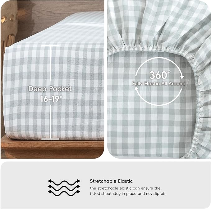 MooMee Gingham Sheet Set 100% Washed Cotton Linen Like Textured Breathable Soft w/Fully Elasticized 16-19" Deep Pocket (Classic Gingham Northern Droplet Grey, King)