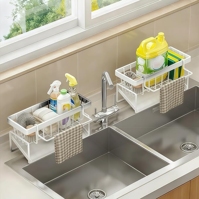 Sponge Holder for Kitchen, Sink Caddy Organizer Rack for Kitchen Accessories, Soap Dispenser Countertop Organizer Essentials for Home (White)