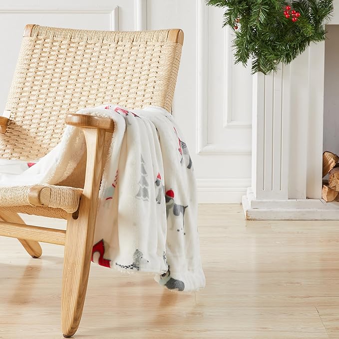 Fleece/Sherpa Christmas Throw - Super Soft Holiday Printed Blanket for Couch, Chair, or Bed - Cozy, Luxurious Plush - 50" x 60", Pups in The Snow