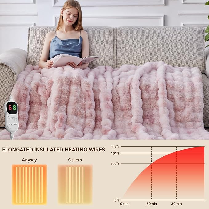 Heated Blanket Throw with 1/2/4/6/8 Hours Auto-Off 10 Heat Level, 72'' * 84'' Cozy Faux Rabbit Fur Bubble Electric Blanket with Overheat Protection(Tie-Dye Pink)