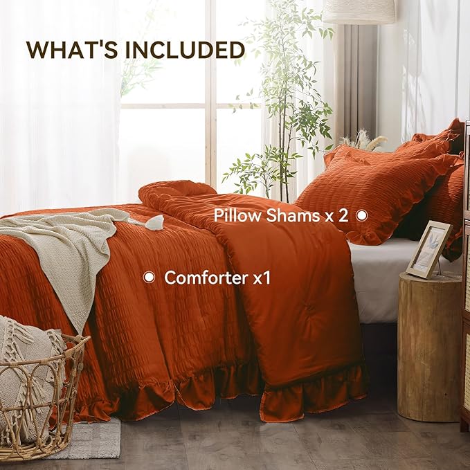 JOLLYVOGUE King Comforter Set, 3 Pieces Seersucker Comforters King Size, Lightweight & Fluffy Bedding Sets King for All Season with 1 Ruffle Comforter and 2 Ruffle Pillowshams, Burnt Orange