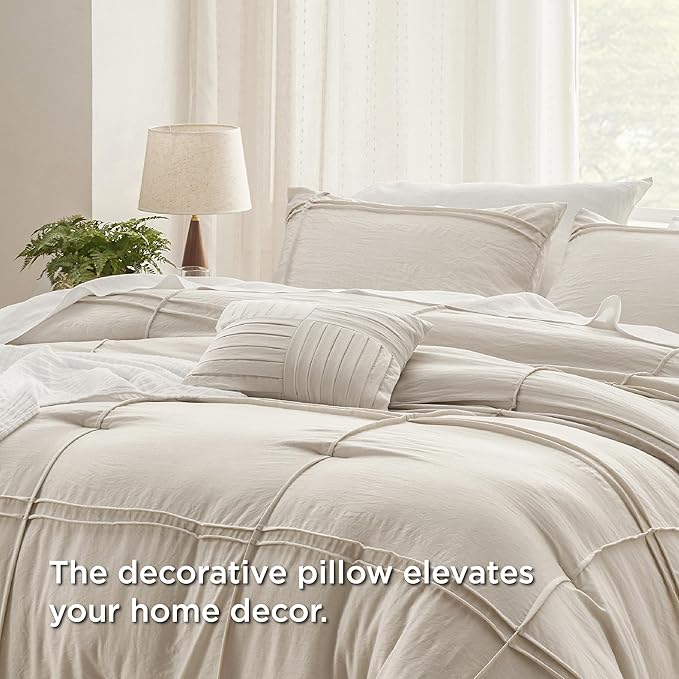 Bedsure Full Comforter Set - 4 Pieces Grid Pleat Bed Set, Beige Boho Bedding for All Season, 1 Soft Comforter, 2 Pillowcases, 1 Decorative Pillow