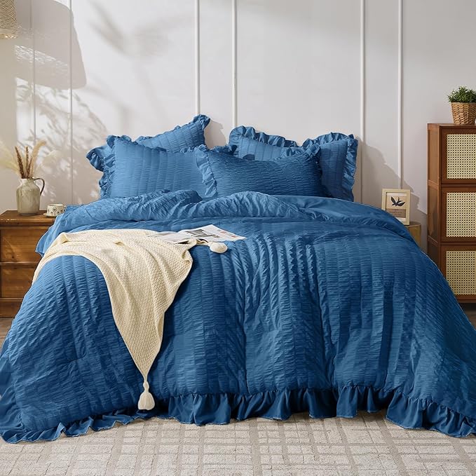 JOLLYVOGUE Teal Comforter Full Size, 3 Pieces Seersucker Lightweight Full Size Bedding, All Season Fluffy Microfiber Bedding Comforter Set with 1 Ruffle Comforter and 2 Ruffle Pillowshams