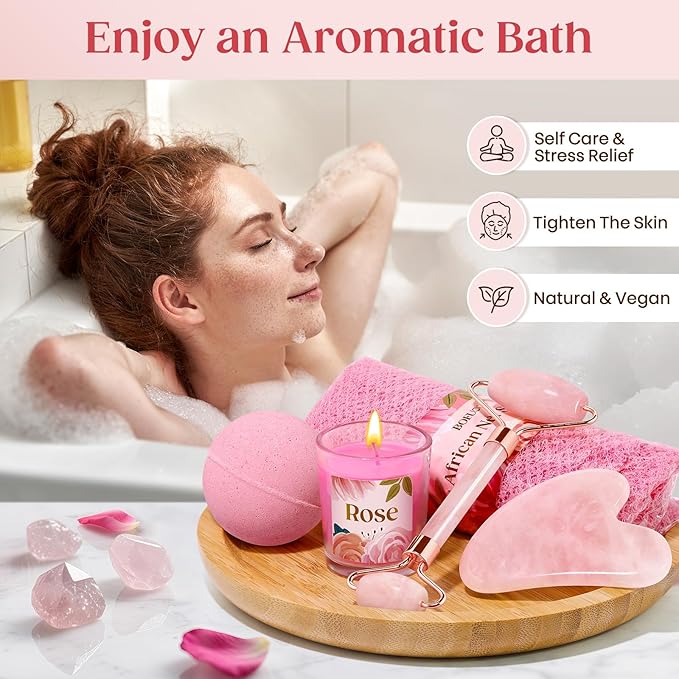 Christmas Gifts for Women - Stocking Stuffers for Women, Luxurious Self Care Relaxation, White Elephant, Birthday, Valentines Day Gift Ideas for Her, Wife, Mom, Unique Pink Beauty Gift Set