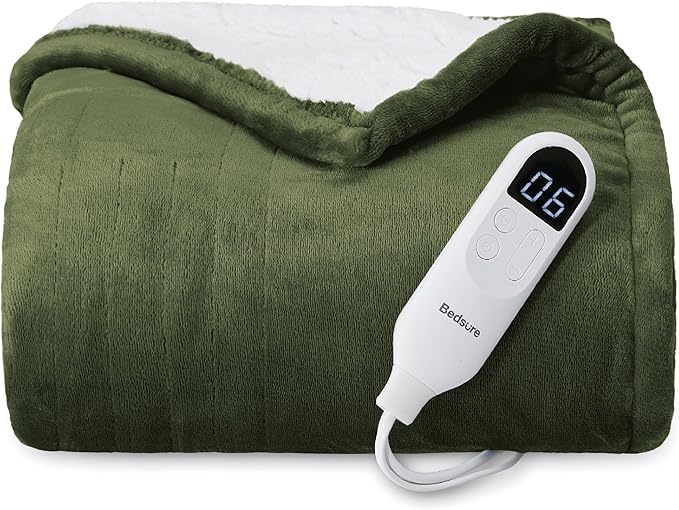 Bedsure Heated Blanket Throw Blanket - Fast Heating Electric Blanket, Soft Flannel Heated Throw with 4 Time Settings, 6 Heating Settings, Warm Gifts for Grandma (50x60 inches, Olive Green)