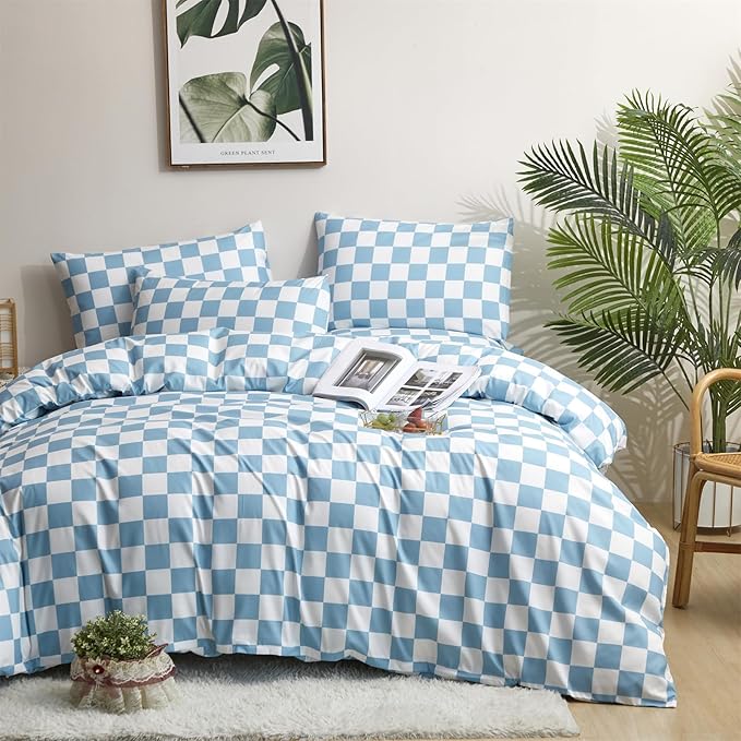 KAREVER Blue White Grid Comforter Set Cal King Blue Plaid Bedding Set Women Blue White Checkered Bed Blanket Set Men Durable Breathable Bedding Comforter Set