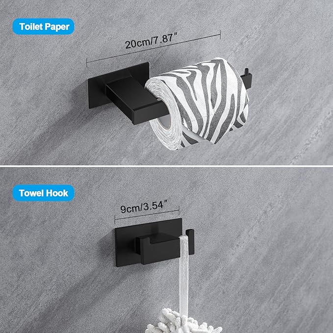 4-Pieces Bathroom Hardware Accessories Set, Towel Rack Towel Bar Toilet Paper Holder Towel Hook Self Adhesive Stainless Steel Towel Rack Set for Bathroom Wall Mounted, Matte Black 23 Inch