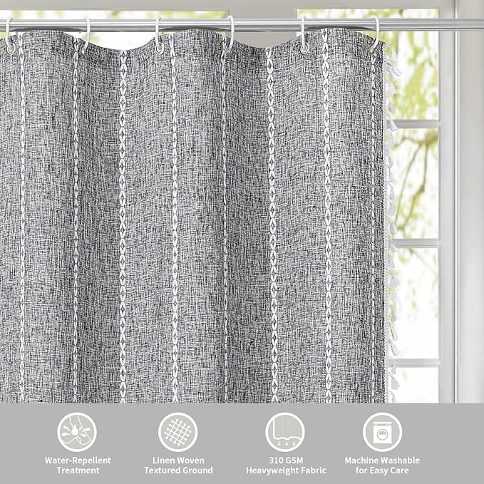 MitoVilla Boho Extra Long Shower Curtain 72 x 96, Darkgrey Modern Farmhouse 96 inch XL Polyester Linen Texture Tassel Fabric Shower Curtain Set with Hooks for Cottagecore Country Bathroom Decor