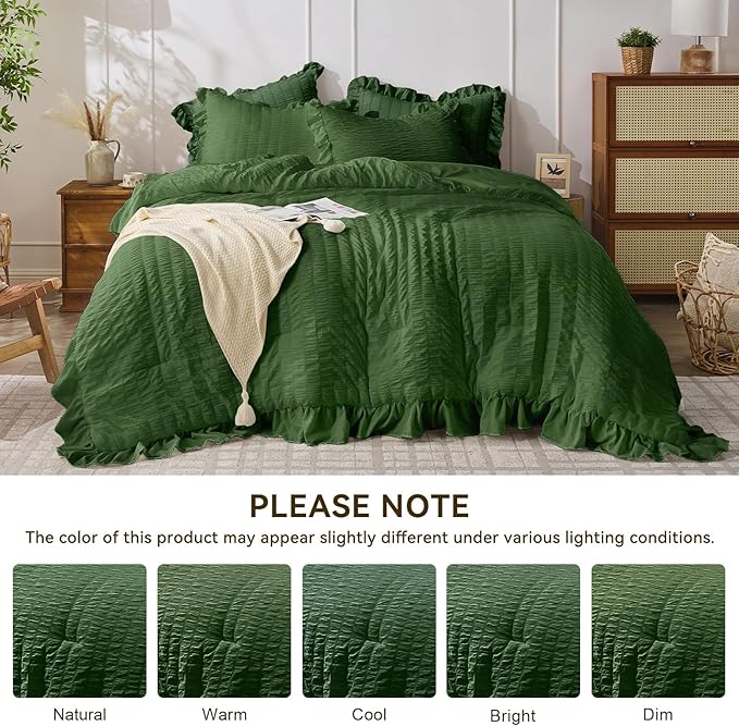 JOLLYVOGUE Dark Green Twin Size Comforter Set, 2 Pieces Seersucker Lightweight Fluffy Bedding Set, Twin Ruffle Comforter, All Season Soft Microfiber Shabby Chic Bed Set