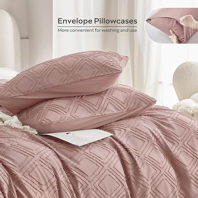 JELLYMONI Duvet Cover Queen Size Smokey Pink - 3PCS Boho Duvet Cover Set Plaid Polyester Tufted Bohemian Jacquard Knit Textured Comforter Cover 90×90in Rhombic Geometric Pattern Zipper Corner Tie
