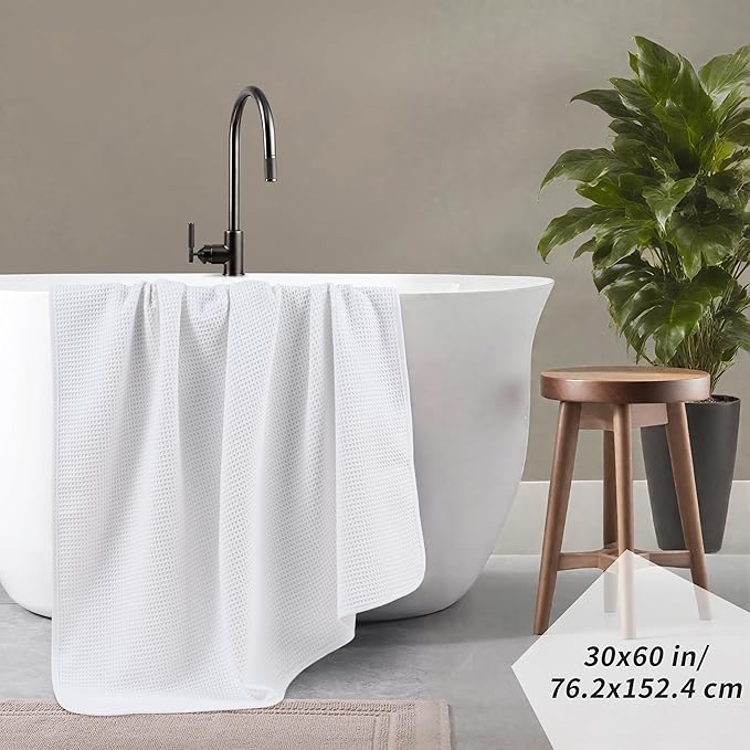 POLYTE Microfiber Oversize Quick Dry Lint Free Waffle Bath Towel for Body, 60 x 30 in, Set of 2