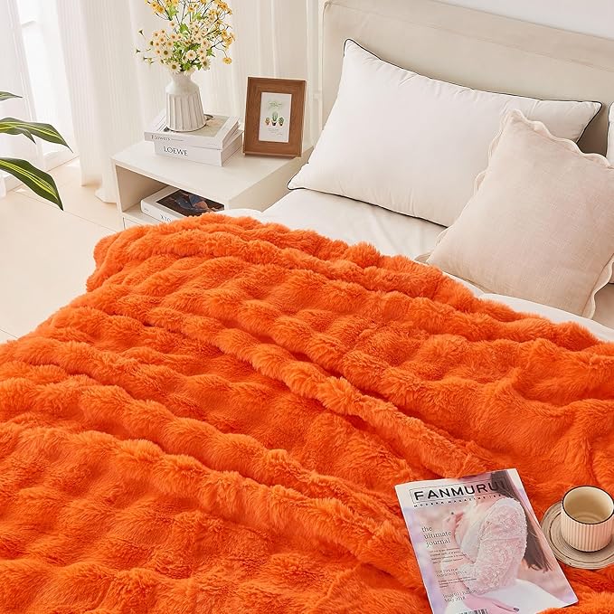 Fluffy Luxury Faux Rabbit Fur Bubble Blanket - Warm & Cozy Fuzzy Plush Thick Decorative Throw Blanket for Bed, Sofa - Queen Size 90''x90'', Orange