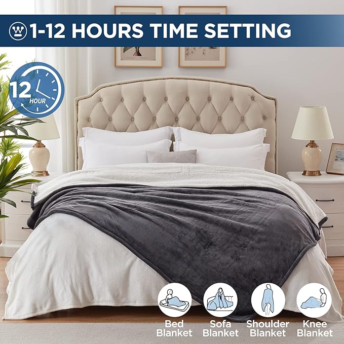 Westinghouse Electric Blanket King, Heated Blanket King Size with 10 Heating Levels and 1 to 12 Hours Heating Time Settings, Flannel to Sherpa Reversible, Machine Washable (90" x 100", Charcoal)