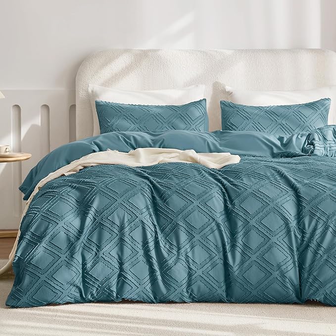 JELLYMONI Duvet Cover King Size Grayish Blue - 3PCS Boho Duvet Cover Set Plaid Polyester Tufted Bohemian Jacquard Knit Textured Comforter Cover 104×90in Rhombic Geometric Pattern Zipper Corner Tie