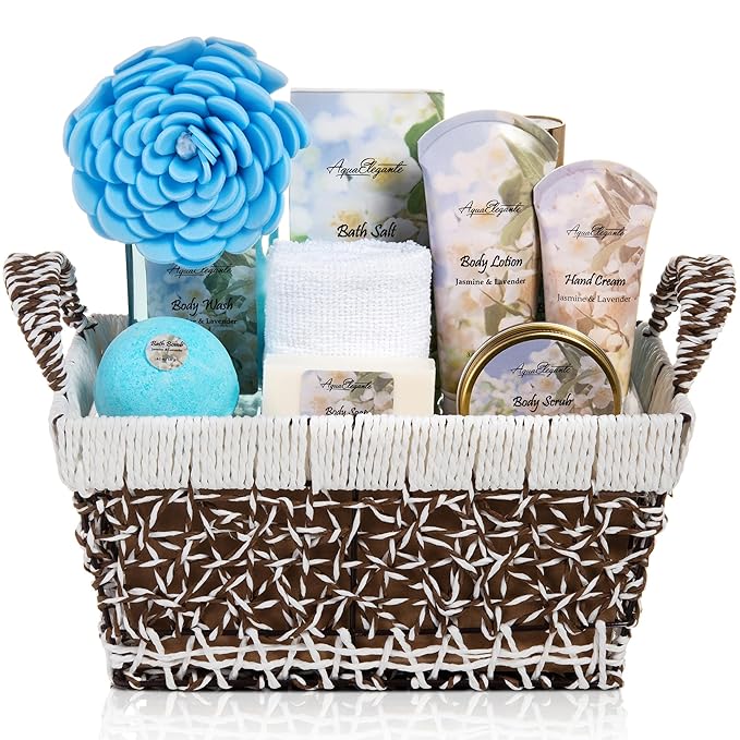 Spa Baskets For Women - Luxury Bath Set With Jasmine & Lavender - Spa Kit Includes Wash, Bubble Bath, Lotion, Bath Salts, Body Scrub, Hand Cream, Shower Puff, Bathbombs, Soap and Towel