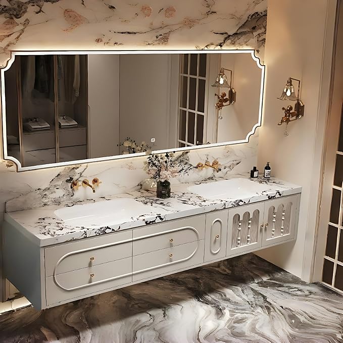 Bathroom Vanity with Sink - Luxurious Bathroom Sink Cabinet, Floating Vanity with Smart Defog Mirror and Solid Wood Multifunctional Cabinet, Complete Accessories (White, 56")