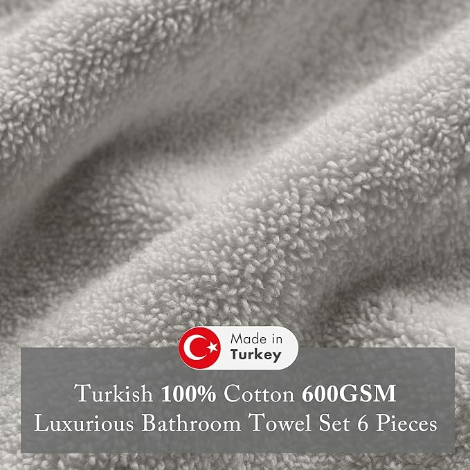 Madison Park Turkish 100% Cotton 600Gsm Luxury Premium Thick Soft Abosorbant Hotel Bathroom Towel Set Shower Hand Face Washcloths, Assorted Sizes, Grey 6 Piece