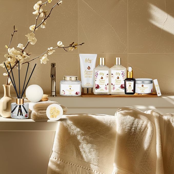 Christmas Spa Gift Basket Set for Women 17-Piece Almond Luxury Spa Gift Set Bath & Body Care Kit with Shower Gel, Body Cream | Valentine's, Mothers Day Gifts for Mom, Birthday Gifts for Her, Wife, Mom