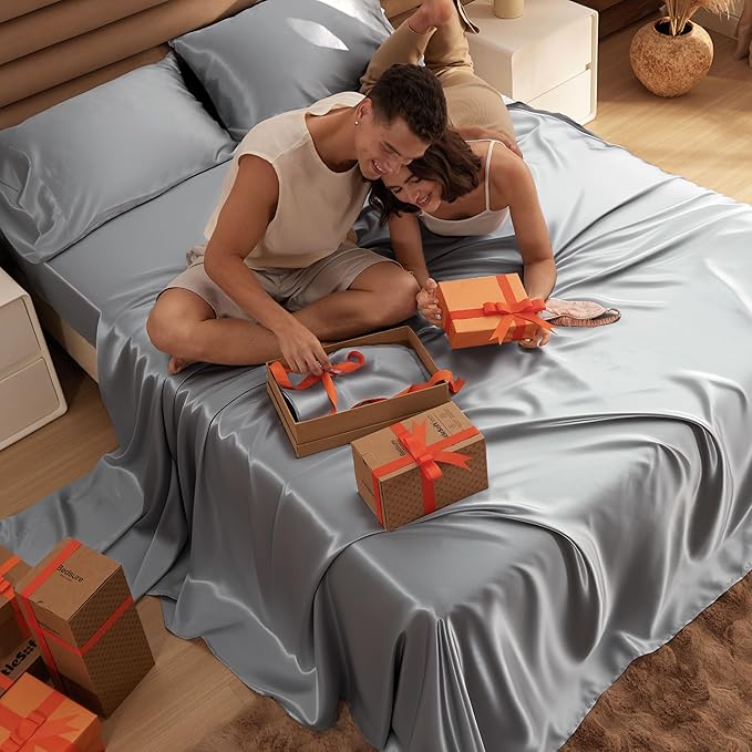 Bedsure Satin Sheets Full Size - 4 Piece Silky Bedsheets with 15 Inches Deep Pocket Fitted Bedsheet,1 Flat Sheet, 2 Satin Pillowcases, Good for Hair & Skin (Full, Silver Grey)